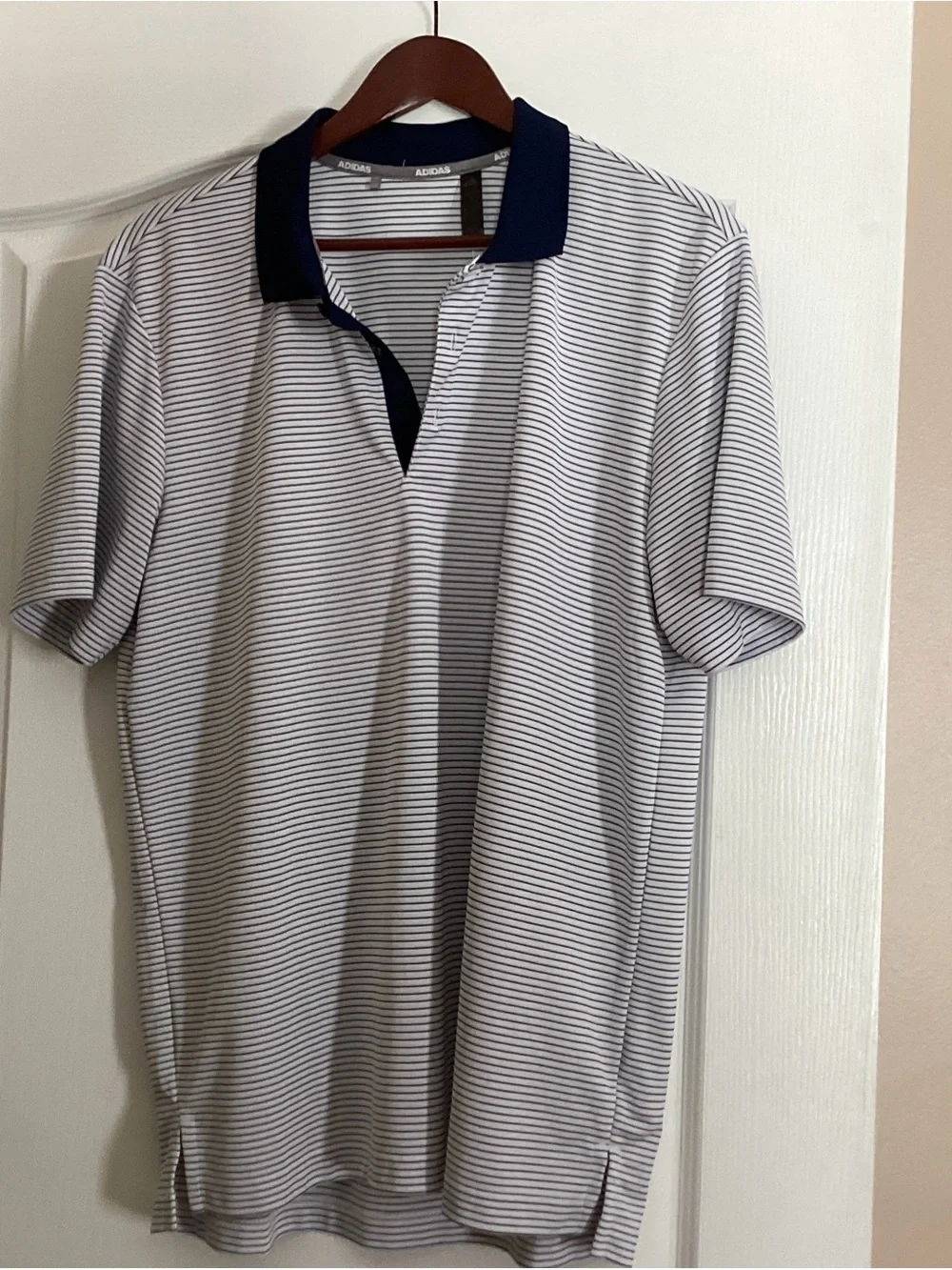 adidas Men’s White Polo with Navy Micro-Stripes and Navy Collar